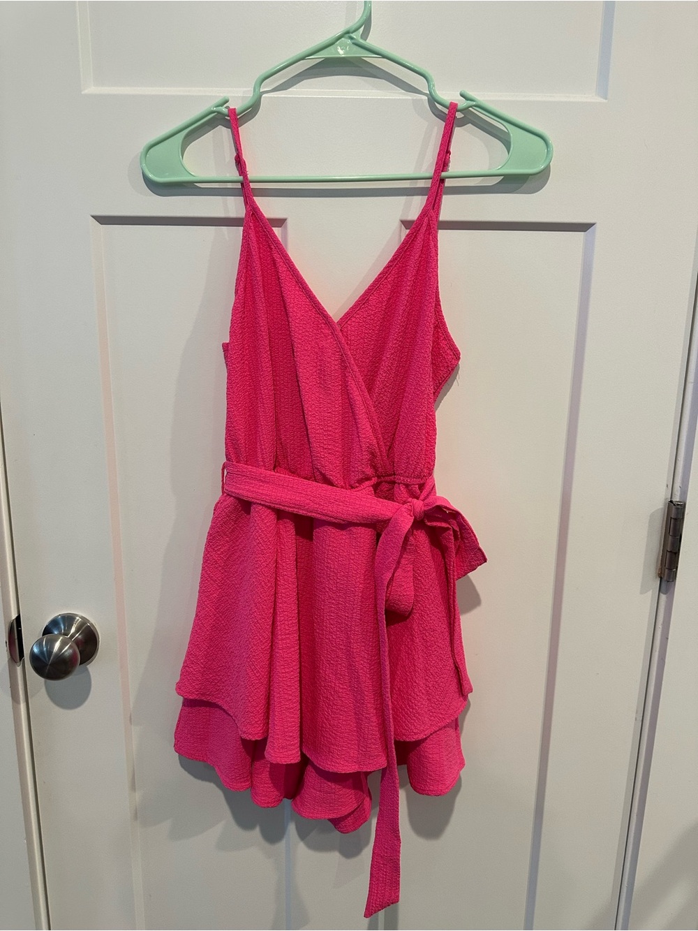 SHEIN Bright Hot Pink Ruffle Tiered Romper with Waist Tie